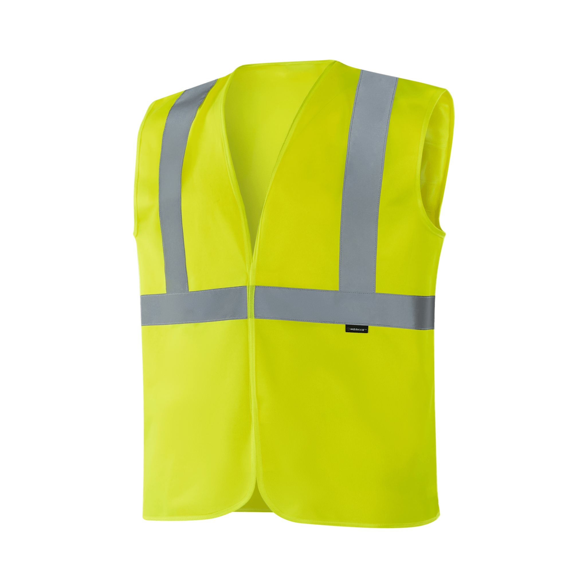 Hi-vis yellow WV202 BOLOGNA vest, low-stretch yarn, velcro front fastening, sewn reflective tape, EN 20471 Class 2